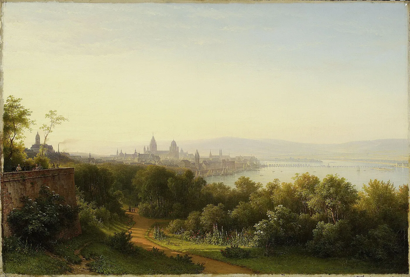 View of Mainz on the Rhine (1846) by Carl Morgenstern — original painting reproduced as a hand-painted oil on canvas