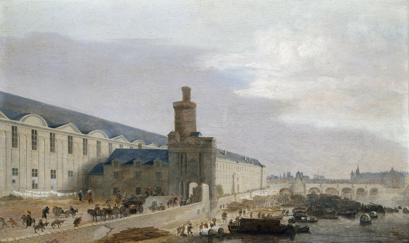 View of Paris with the Grand Gallery of the Louvre , the Tour de Bois and the Pont Neuf (1640) by Abraham de Verwer — original painting reproduced as a hand-painted oil on canvas