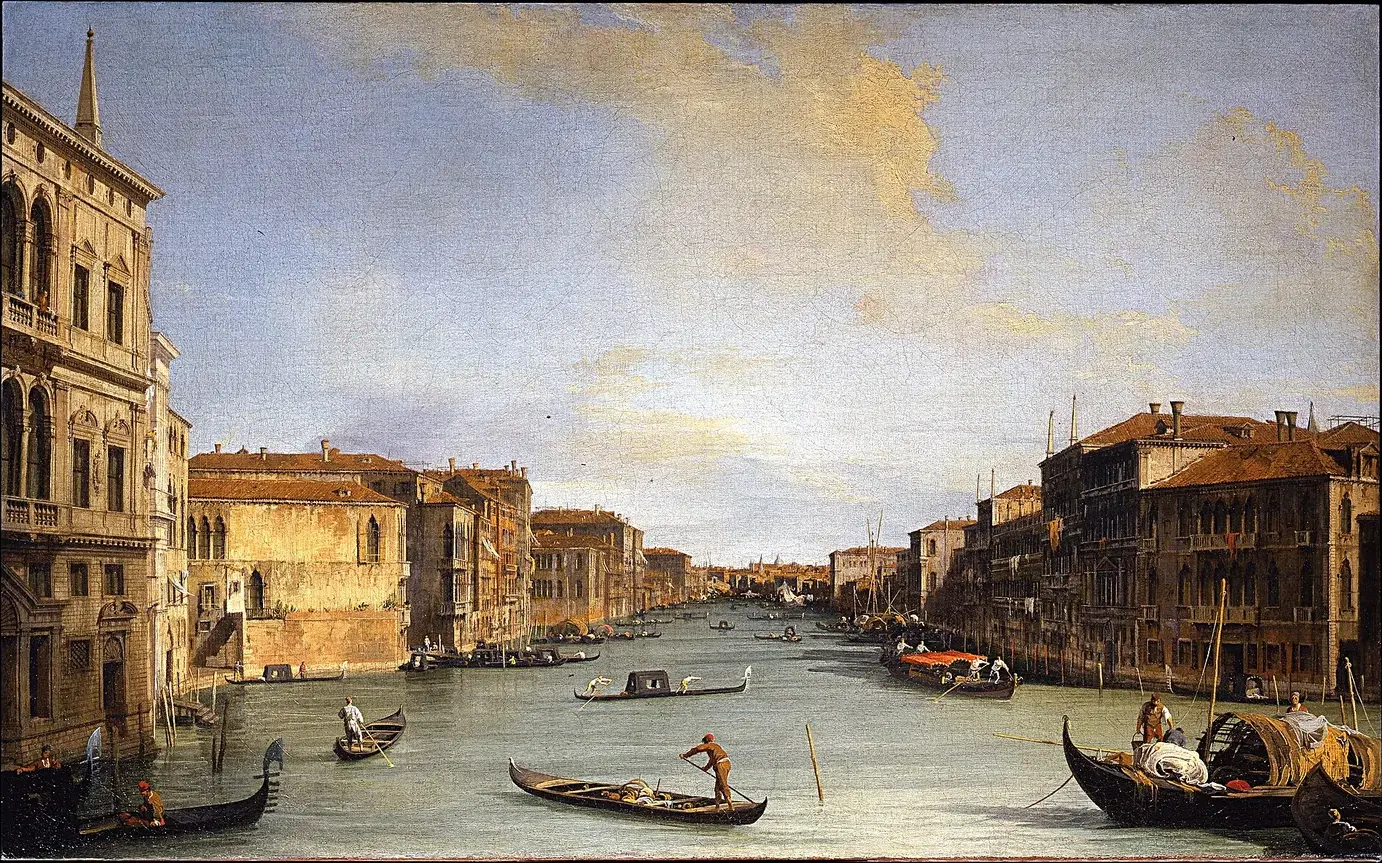 View of the Grand Canal (1727) by Canaletto — original painting reproduced as a hand-painted oil on canvas