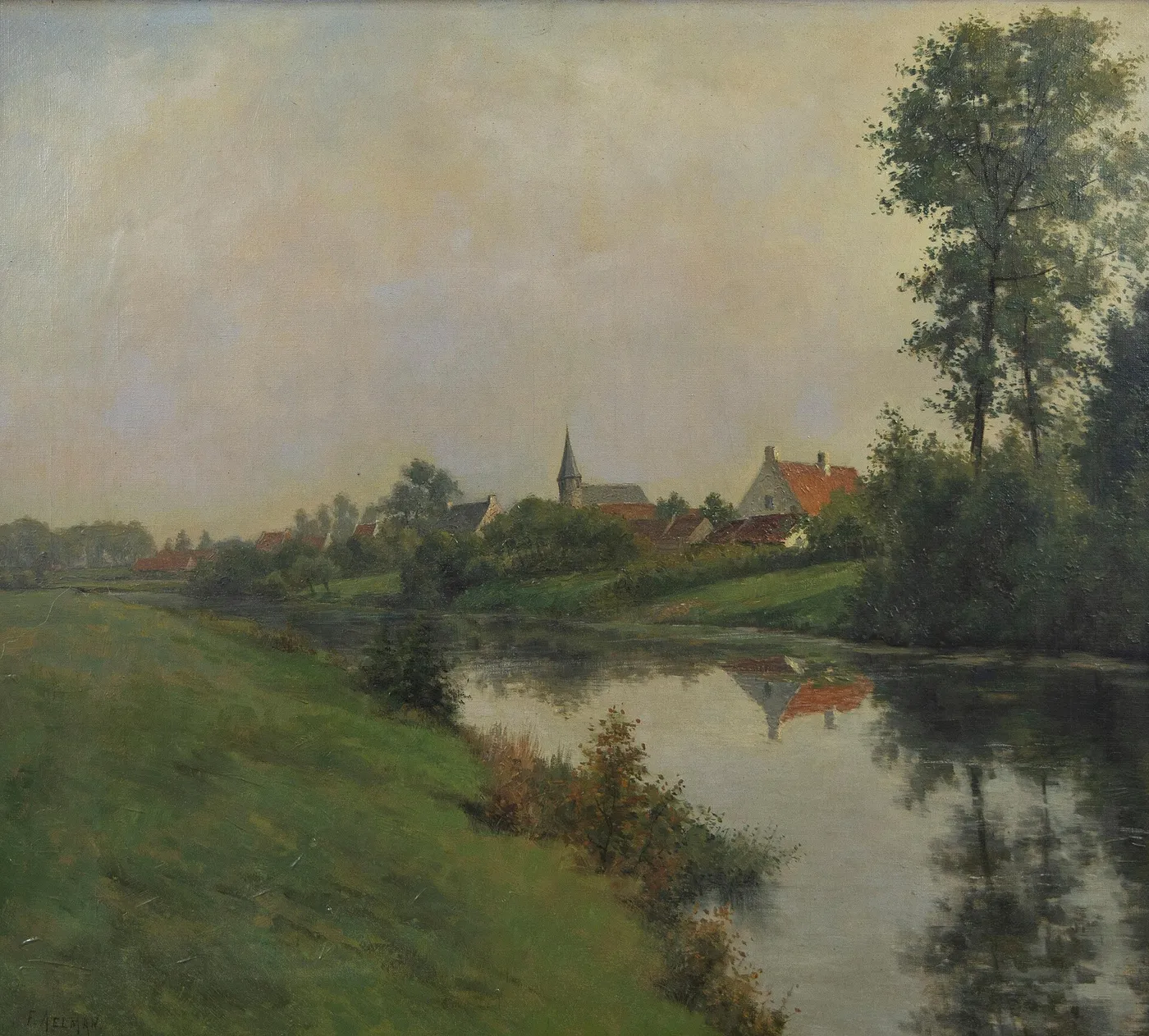 View of the Lys (1910) by Ferdinand Aelman — original painting reproduced as a hand-painted oil on canvas