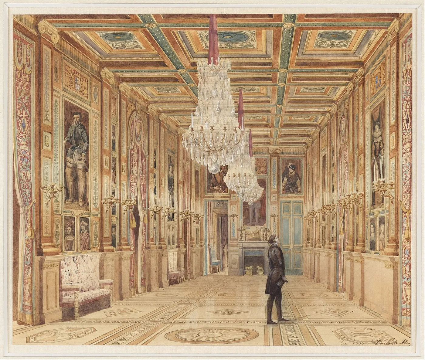 View of the Picture Gallery at the Château d’Eu (1844) by Alexandre-Dominique Denuelle — original watercolour reproduced as a hand-painted oil on canvas