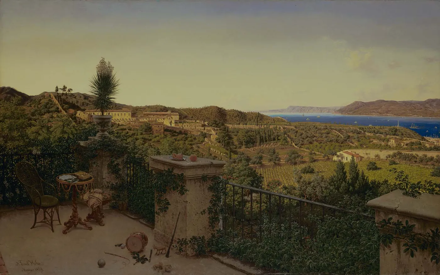View of the Straits of Messina from a Country House (1859) by Emil Holm — original painting reproduced as a hand-painted oil on canvas