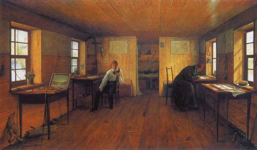 View the Artist’s Studio on the Barge Chernetsov in Their Journeys along the Volga in 1838 (1838) by Anton Ivanov-Goluboy — original painting reproduced as a hand-painted oil on canvas