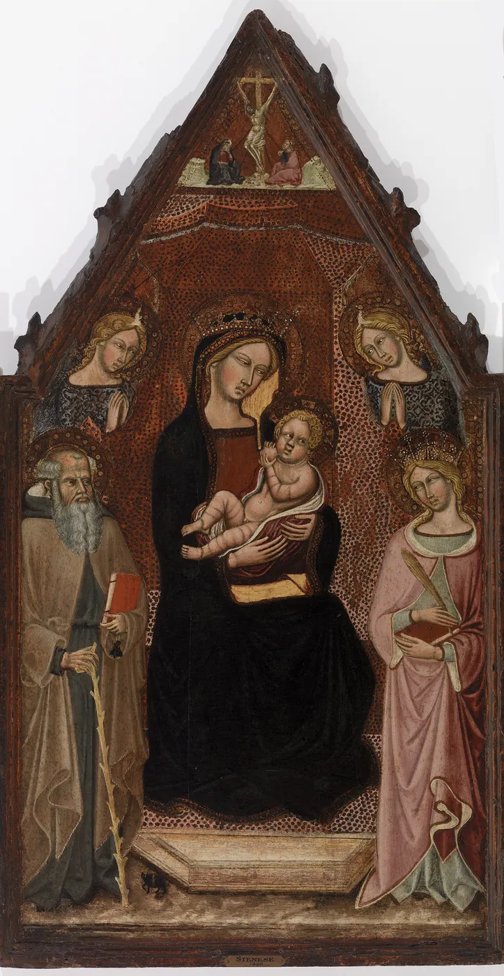 Virgin and Child with Two Angels and Saints Anthony Abbot and Catherine of Alexandria and the Crucifixion by Cristoforo di Bindoccio — original painting reproduced as a hand-painted oil on canvas