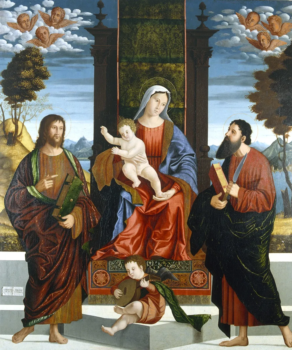 Virgin between Saints Bartholomew and Thomas. (1550) by Benedetto Carpaccio — original painting reproduced as a hand-painted oil on canvas