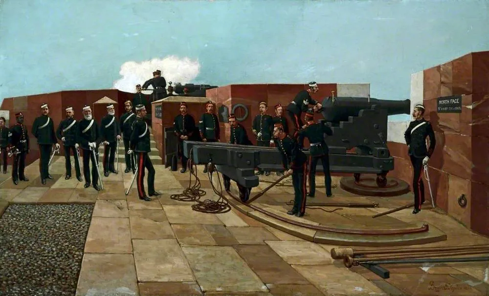 Volunteer Gun Practice, Fort Perch Rock, New Brighton, Wirral (1878) by Benjamin Ernest Taplin — original painting reproduced as a hand-painted oil on canvas