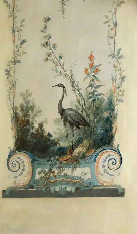 Wall Panel with a Heron and a Parrot (style of Jean Baptiste Pillement) (detail) (1759) by Alexis Peyrotte — original painting reproduced as a hand-painted oil on canvas