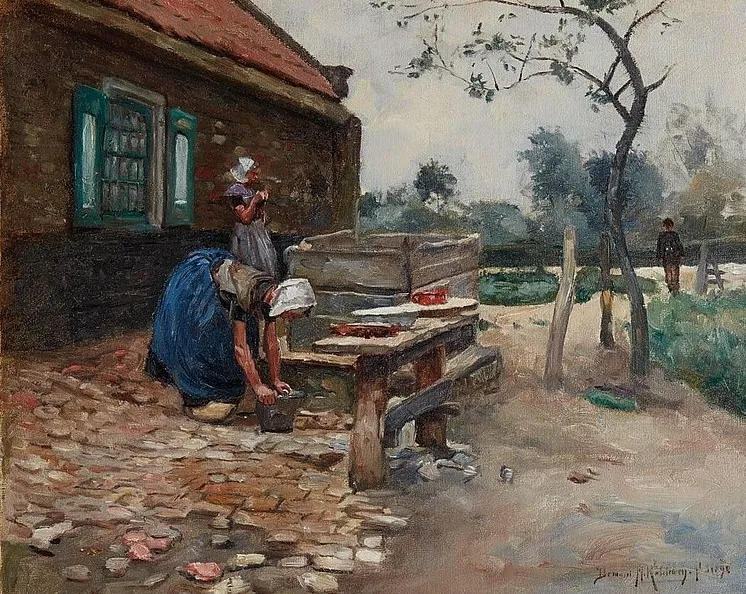 Washday (Laundry day) in Walcheren by Bernard Koldeweij — original painting reproduced as a hand-painted oil on canvas