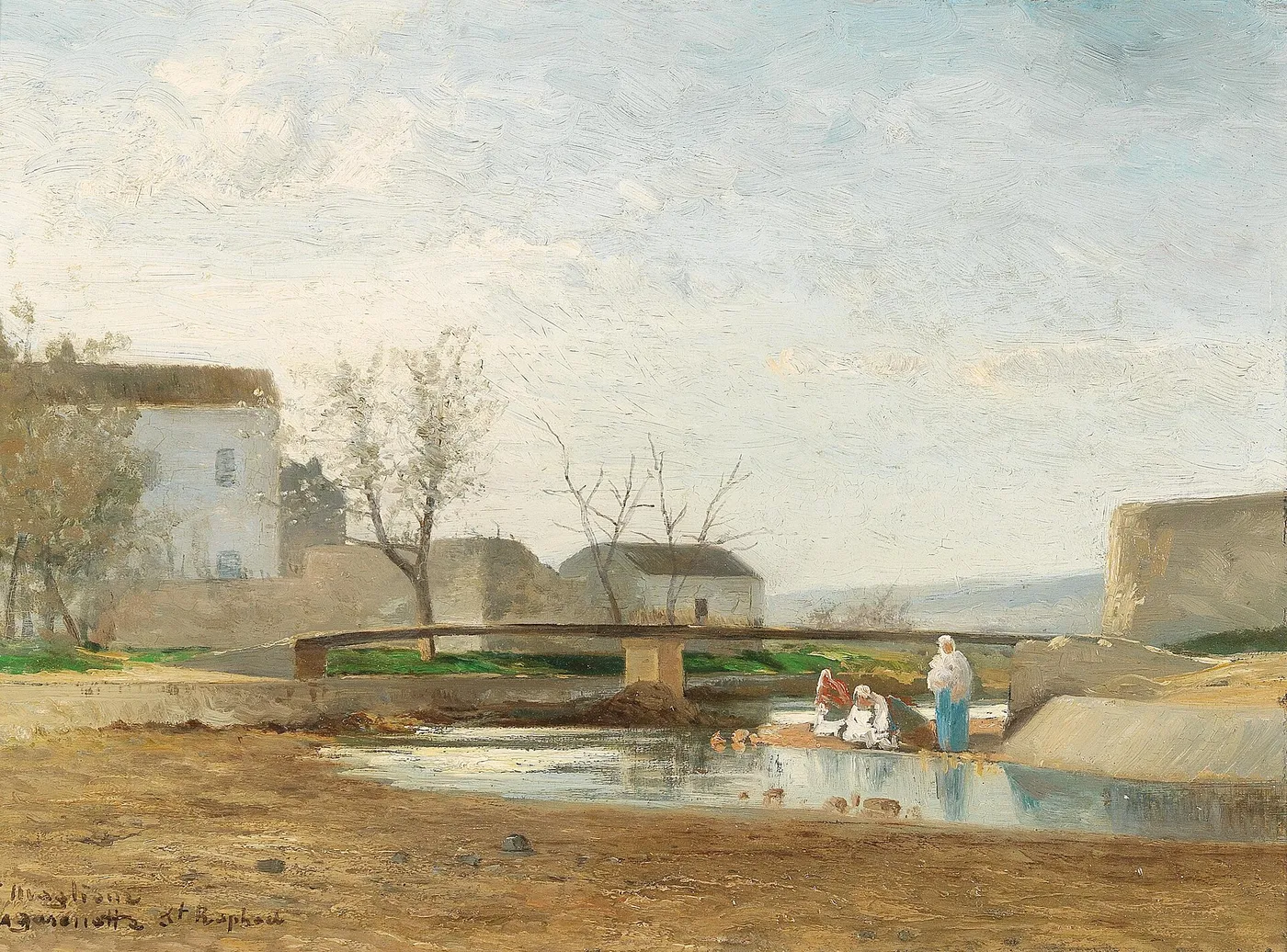 Washerwomen by the River (1923) by André Maglione — original painting reproduced as a hand-painted oil on canvas
