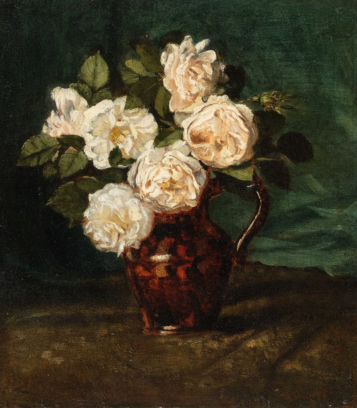 White roses in a bulbous jug (1875) by Cella Thoma — original painting reproduced as a hand-painted oil on canvas