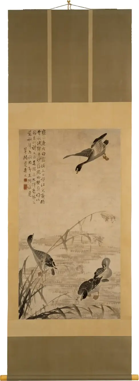 Wild Geese Descending on a Sandbank (1730) by Bian Shoumin — original painting reproduced as a hand-painted oil on canvas