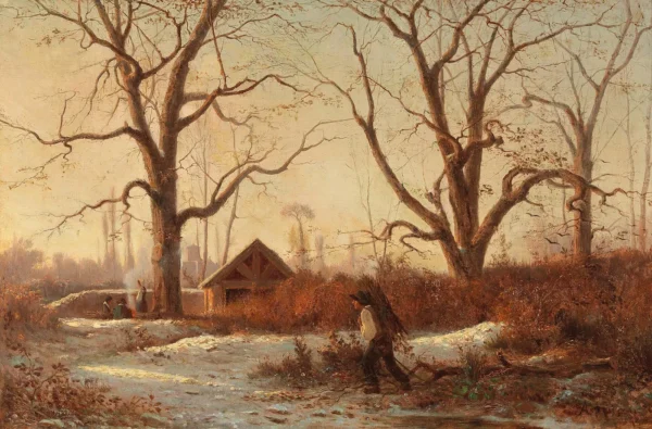 Winter Landscape with Brushwood Gatherer (1854) by Adolphe Appian — original painting reproduced as a hand-painted oil on canvas
