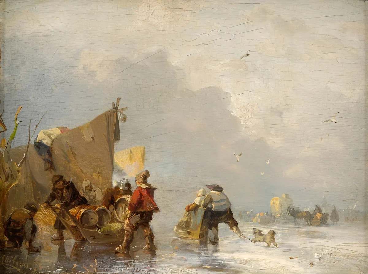 Winter landscape with skaters on the ice, (18)72 (1872) by Carl Hilgers — original painting reproduced as a hand-painted oil on canvas