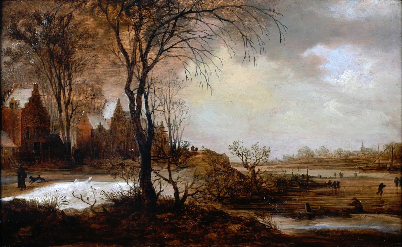 Winter pleasures outside a small town (1650) by Frans de Momper — original painting reproduced as a hand-painted oil on canvas