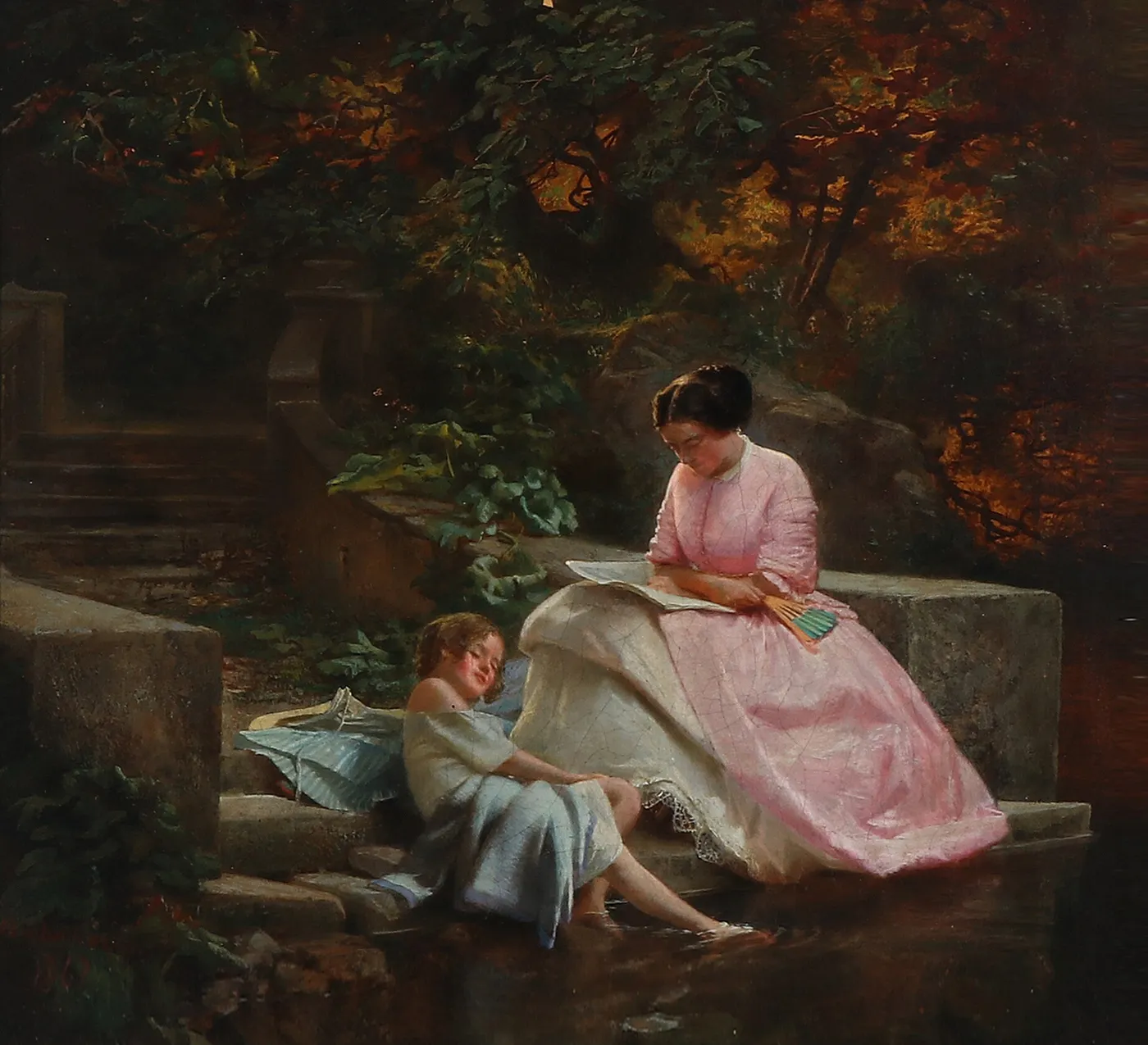 Woman and Child at a Stairway. (1884) by Bernhard Mohrhagen — original painting reproduced as a hand-painted oil on canvas