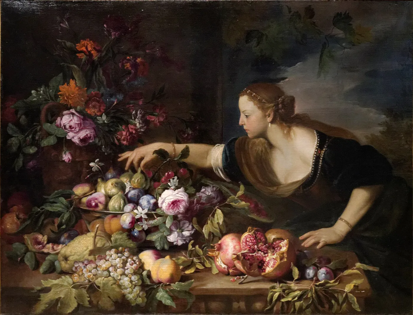 Woman Grasping Fruits (1669) by Abraham Brueghel — original painting reproduced as a hand-painted oil on canvas