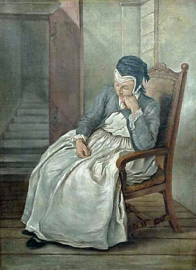 Woman in an armchair. (1750) by Charles Francois Hutin — original painting reproduced as a hand-painted oil on canvas