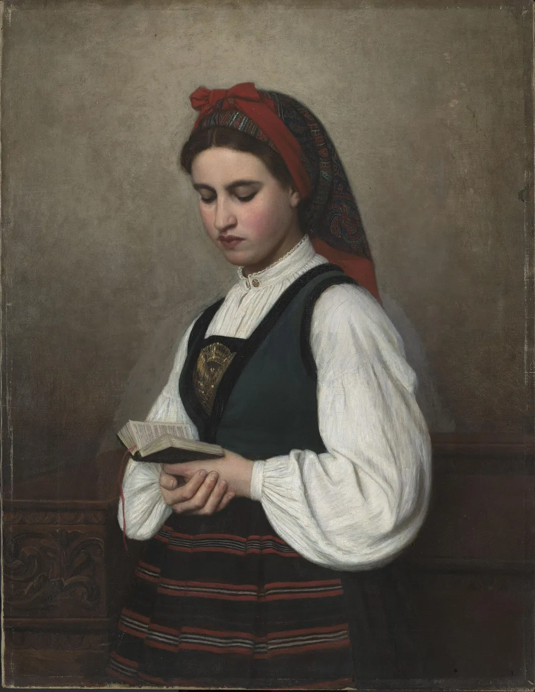 Woman in traditional Norwegian Costume (1863) by Christiane Schreiber — original painting reproduced as a hand-painted oil on canvas