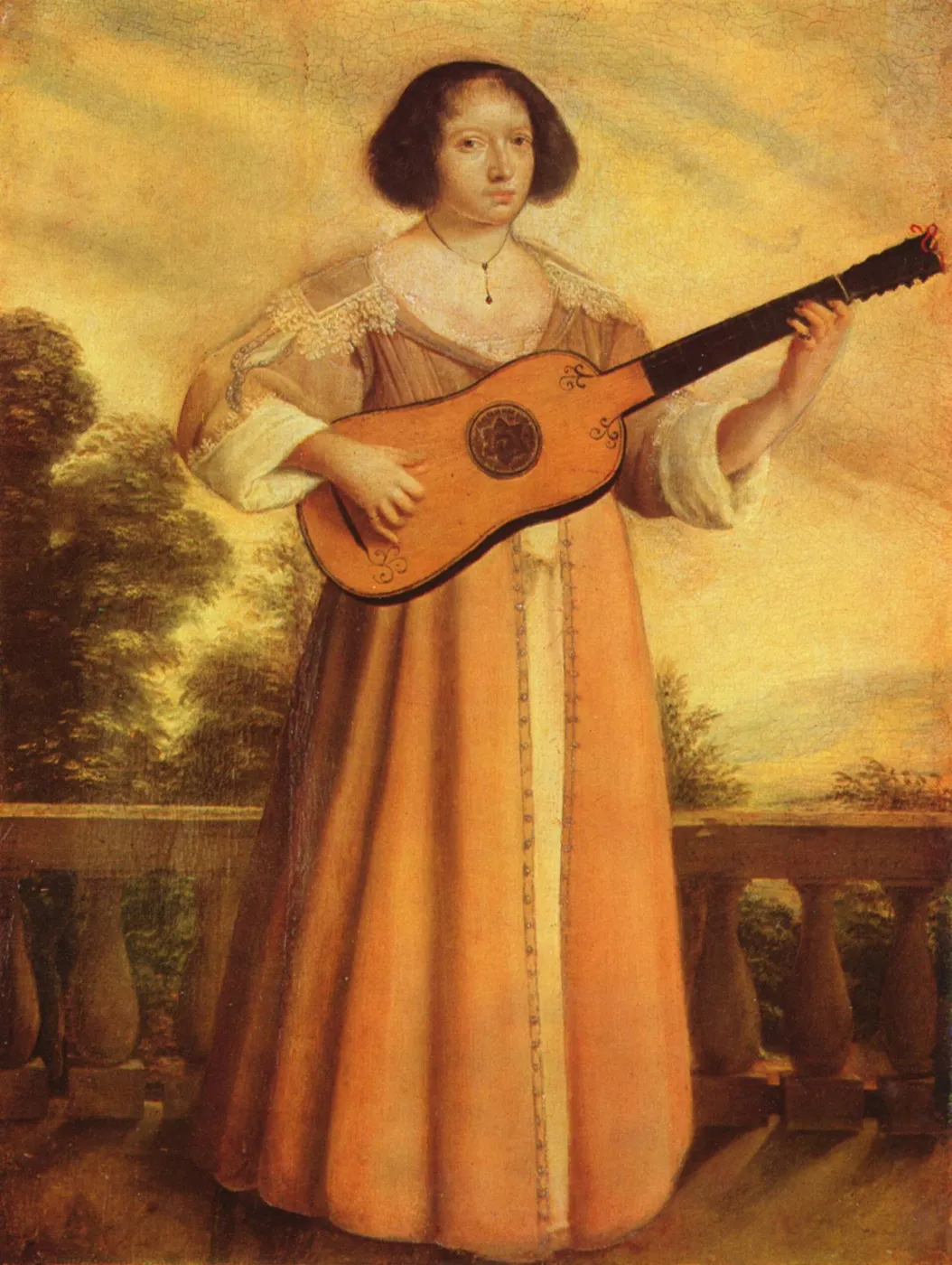 Woman Playing a Guitar (1635) by Augustin Quesnel — original painting reproduced as a hand-painted oil on canvas