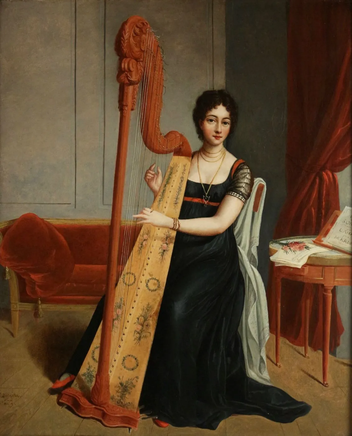 Woman Playing a Harp (1801) by Caroline Delestres — original painting reproduced as a hand-painted oil on canvas