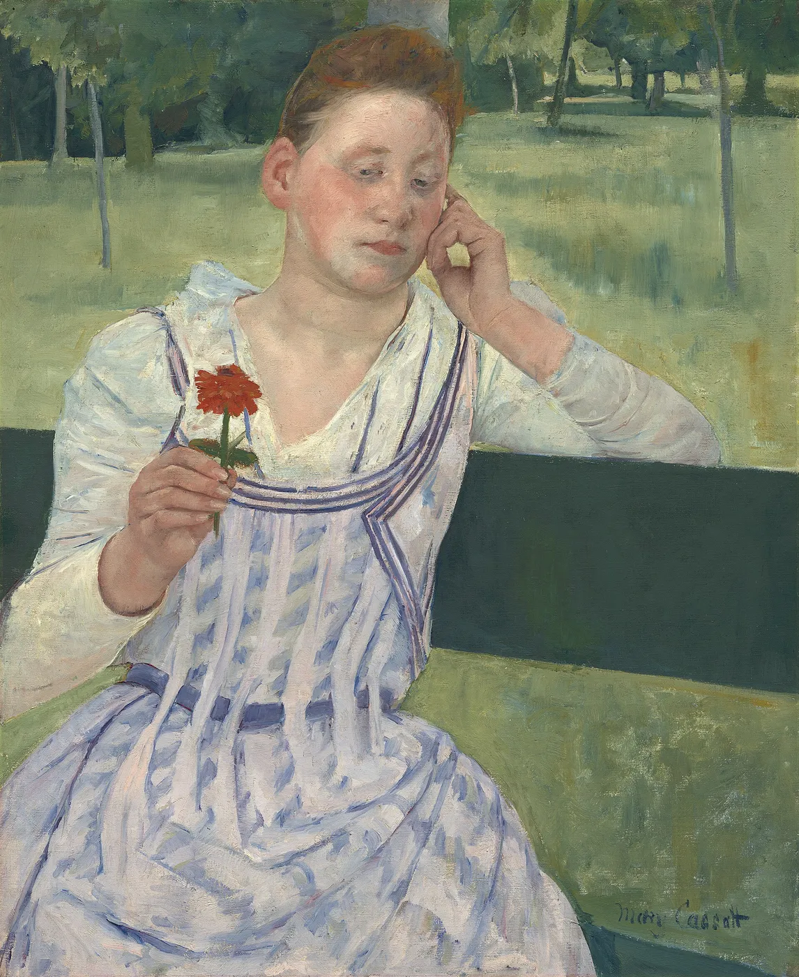 Woman with a Red Zinnia (1891) by Mary Cassatt — original painting reproduced as a hand-painted oil on canvas