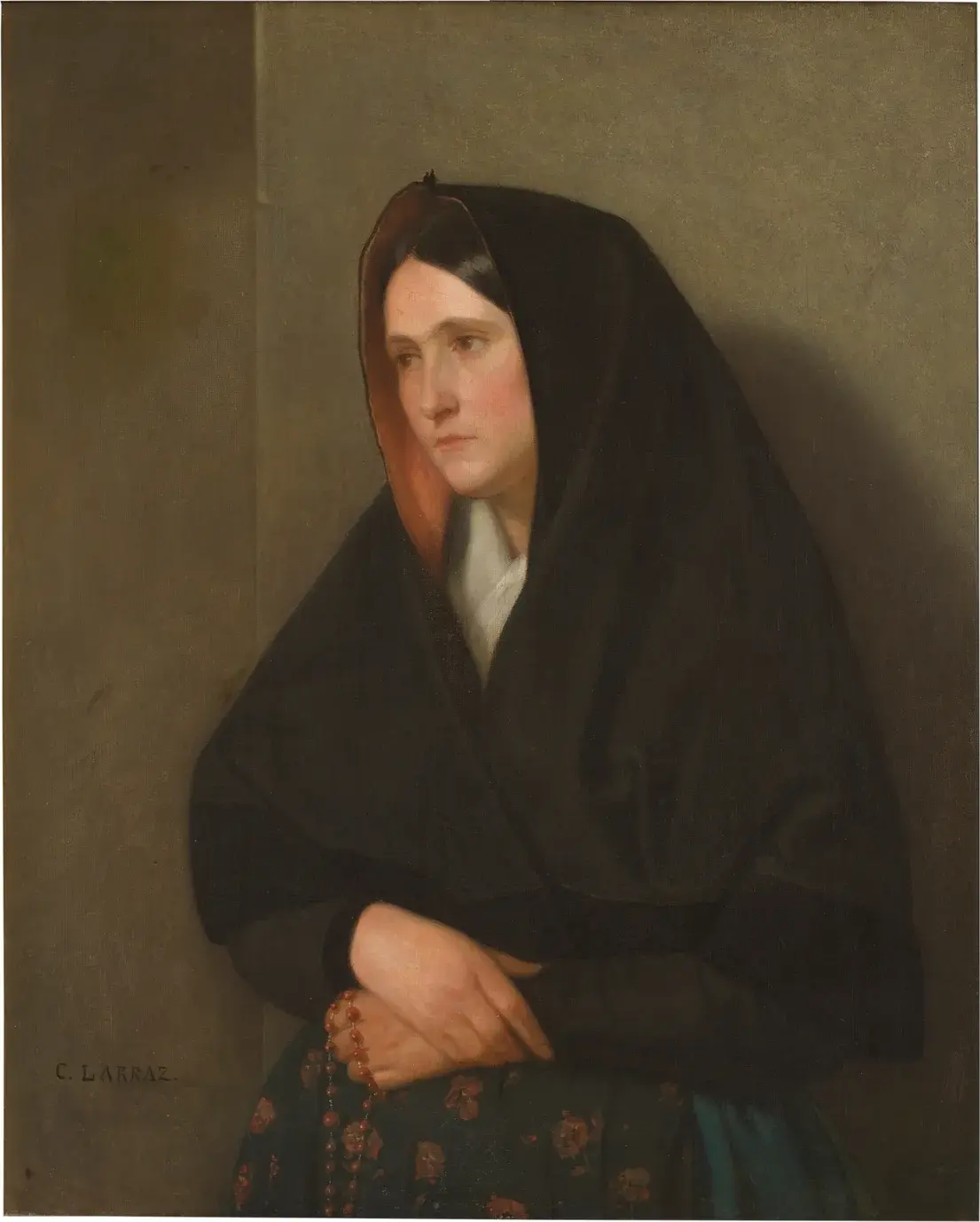 Woman with a rosary (1856) by Carlos Larraz y Micheto — original painting reproduced as a hand-painted oil on canvas