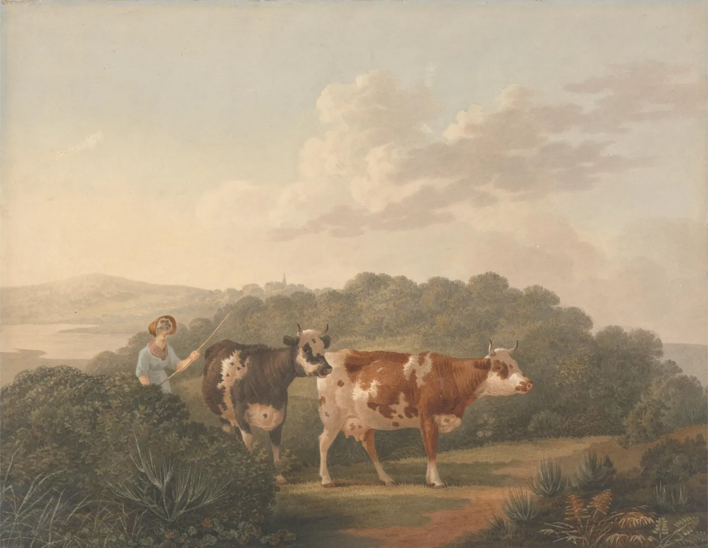 Woman with Cattle (1803) by Charles Towne — original watercolour reproduced as a hand-painted oil on canvas