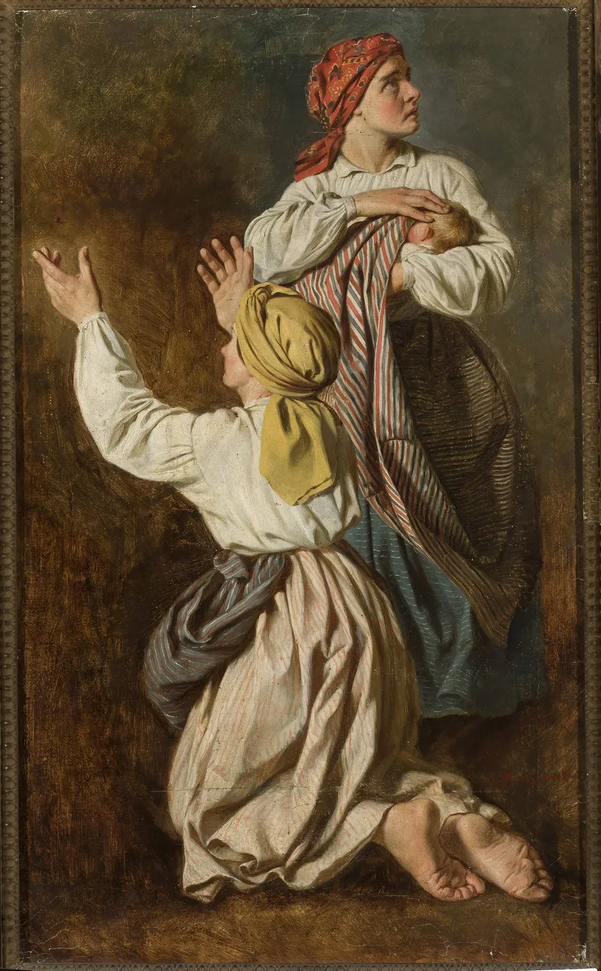 Women fleeing from the fire by Antoni Murzynowski — original painting reproduced as a hand-painted oil on canvas