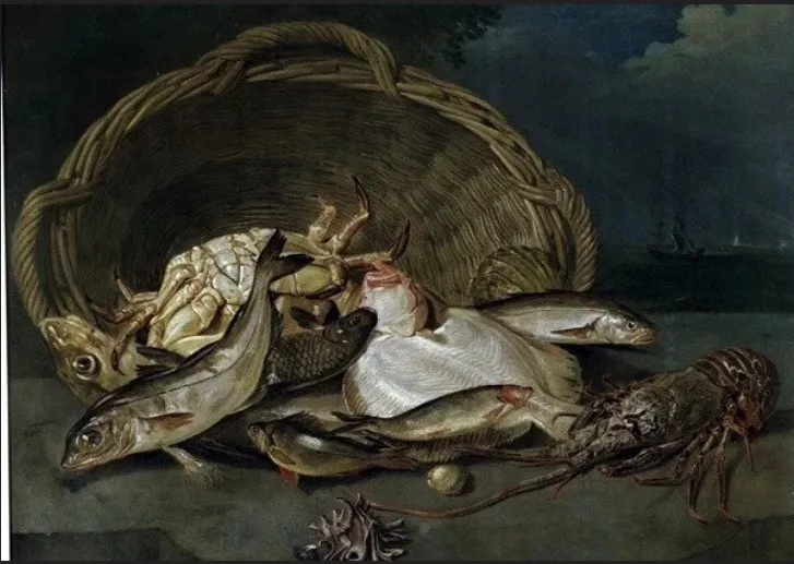 Wonders of the Deep, Still life of fish spilling out of an upturned basket onto a ledge (1722) by Arnoldus van Haecken — original painting reproduced as a hand-painted oil on canvas