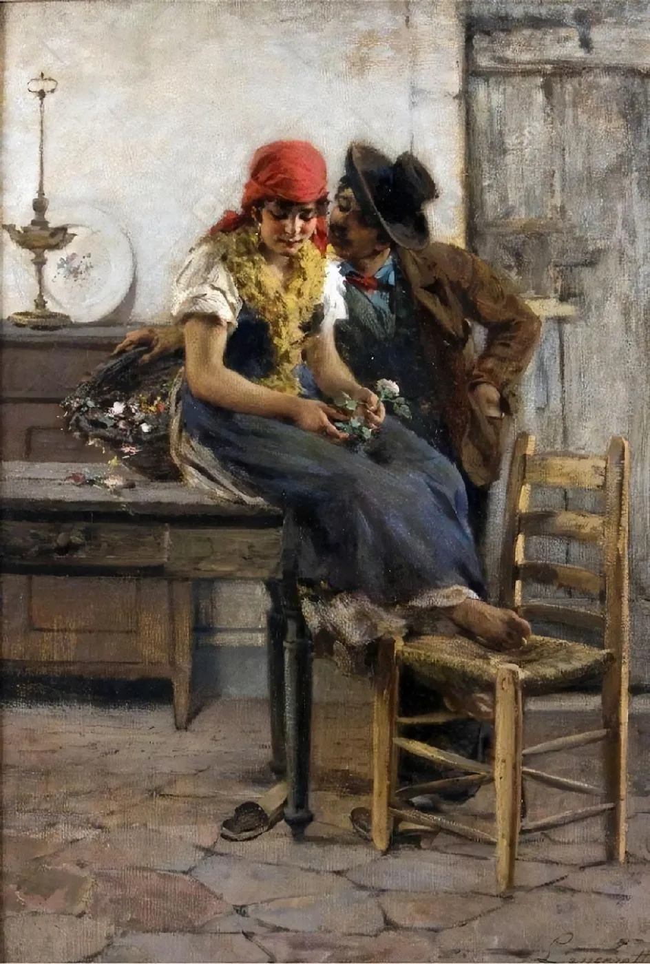 Young couple of lovers (1884) by Egisto Lancerotto — original painting reproduced as a hand-painted oil on canvas