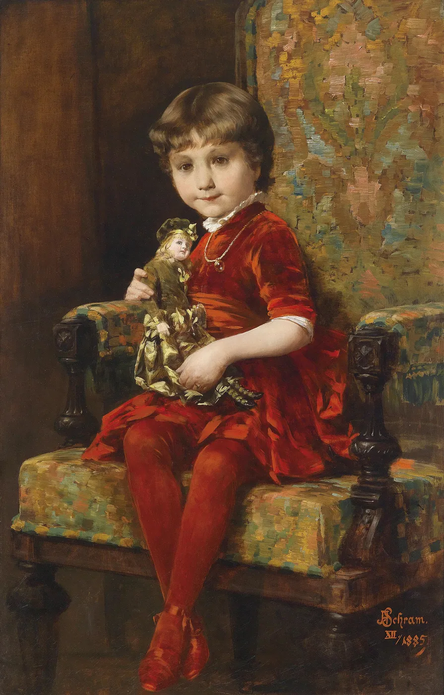 Young Girl with Doll (1885) by Alois Hans Schram — original painting reproduced as a hand-painted oil on canvas