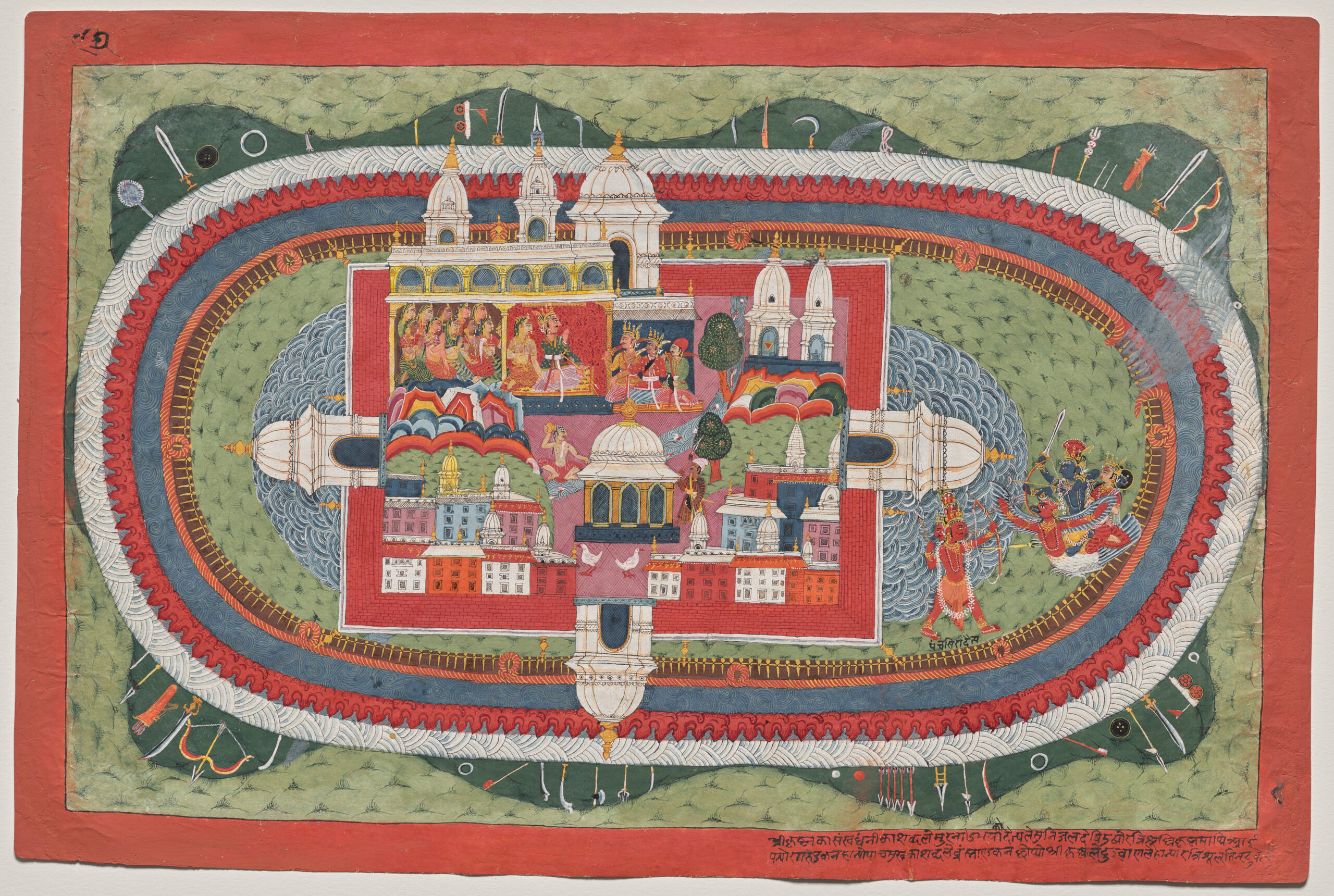 Krishna and Satyabhama Storm the Citadel of Naraka, folio 97 from a Bhagavata Purana — Maker not recorded — Nepal, Kathmandu