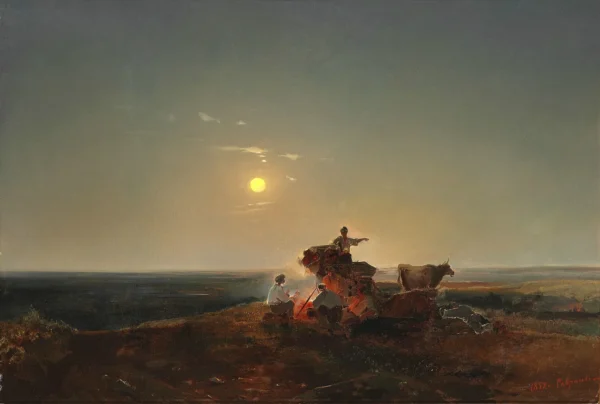 Nomads around a fire on the plain in moonlight (1852) by Alexei Savrasov — original painting reproduced as a hand-painted oil on canvas