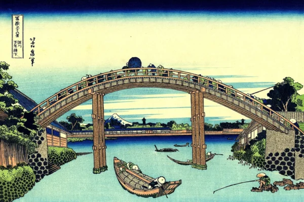 Under the Mannen Bridge at Fukagawa (1831) by Katsushika Hokusai — original painting reproduced as a hand-painted oil on canvas